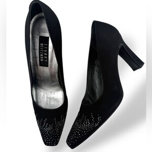Stuart Weitzman Black Satin Crystal Square Semi Point Toe Pumps Heels Size 10 B